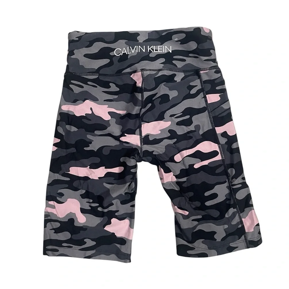 CALVIN KLEIN Pink Gray & Black Camo Print Stretch Biker Shorts Yoga Gym Size S - Picture 4 of 9